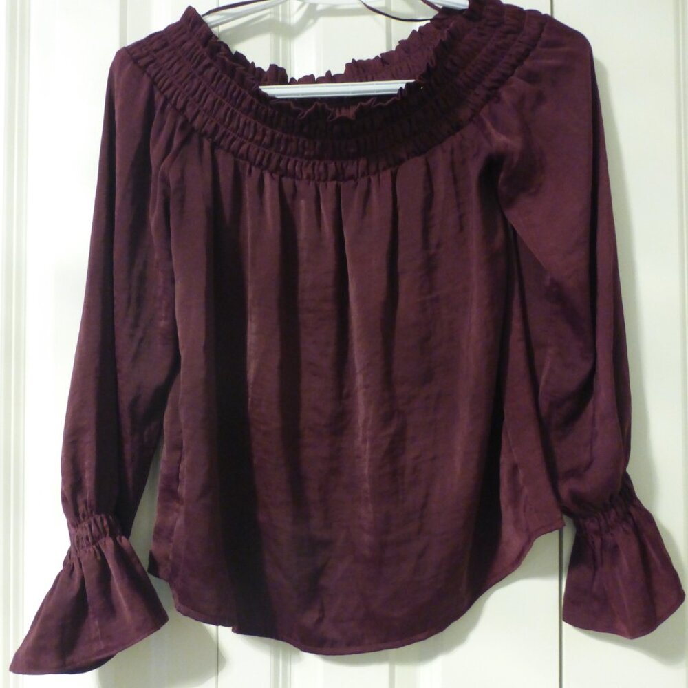 GUESS burgundy red silky satin bell sleeve top